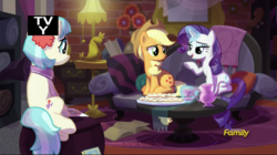 Size: 1280x719 | Tagged: safe, artist:grissaecrim, edit, edited screencap, screencap, applejack, coco pommel, rarity, g4, made in manehattan, coco's apartment, discovery family logo, scene interpretation, sitting, sitting pretty, tv-y