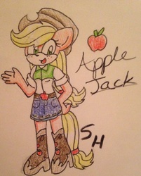 Size: 1646x2046 | Tagged: safe, artist:alicethesuperspy, applejack, earth pony, anthro, plantigrade anthro, g4, clothes, equestria girls outfit, female, solo, sonic the hedgehog (series), sonicified, traditional art