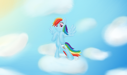 Size: 1440x850 | Tagged: safe, artist:cobaltsketch, rainbow dash, g4, cloud, cloudy, female, looking at you, sky, solo, spread wings