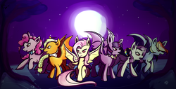 Size: 2120x1080 | Tagged: safe, artist:kera-moondust, applejack, fluttershy, pinkie pie, rainbow dash, rarity, twilight sparkle, bat pony, pony, g4, applebat, flutterbat, mane six, moon, night, pinkiebat, rainbowbat, raribat, twibat