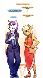 Size: 884x1600 | Tagged: safe, artist:siden, applejack, rarity, oc, oc:ivory, oc:sparkling cider, anthro, plantigrade anthro, ultimare universe, g4, alternate universe, armpits, business suit, clothes, dialogue, dress, feet, female, lesbian, masculine mare, necklace, necktie, purse, role reversal, sandals, ship:rarijack, shipping, suit, watch