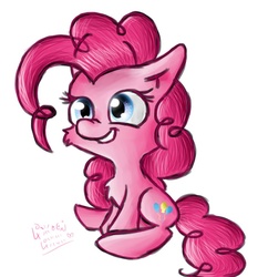 Size: 943x973 | Tagged: safe, artist:loveyloo, pinkie pie, g4, cute, diapinkes, female, filly, fluffy, looking at you, sitting, smiling, solo