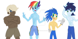 Size: 1024x522 | Tagged: safe, artist:urhangrzerg, dumbbell, rainbow dash, soarin', equestria girls, g4, clothes, crossover, equestria girls-ified, male, rainbow blitz, rule 63, simple background, sonic the hedgehog, sonic the hedgehog (series), topless, transparent background