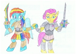 Size: 2338x1700 | Tagged: safe, artist:kivaholotitan, fluttershy, rainbow dash, anthro, unguligrade anthro, g4, armor, sword, traditional art