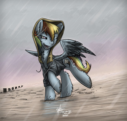 Size: 1024x972 | Tagged: safe, artist:slawomiro, rainbow dash, g4, female, low tide, mud, rain, raincoat, solo, wink