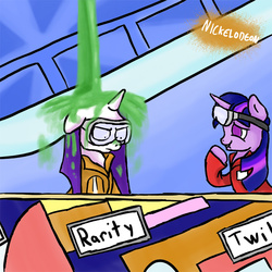 Size: 600x600 | Tagged: safe, artist:slamjam, rarity, twilight sparkle, pony, unicorn, g4, female, figure it out, game show, giggling, goggles, mare, nickelodeon, rarity is not amused, slime, slimed, this will end in destruction, unamused