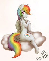 Size: 1041x1280 | Tagged: safe, artist:horse-coffee, rainbow dash, g4, butt, cloud, female, looking back, plot, simple background, sitting, solo