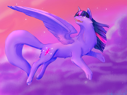 Size: 1600x1200 | Tagged: safe, artist:thepaintedfairy, twilight sparkle, wolf, g4, cloud, cloudy, crossover, female, flying, night sky, solo, species swap, twilight sparkle (alicorn)