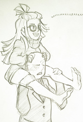 Size: 1272x1860 | Tagged: safe, artist:aisureimi, moondancer, oc, oc:anon, human, g4, barefoot, blushing, clothes, feet, glasses, humanized, humans riding humans, monochrome, necktie, open mouth, riding, shoulder ride, suit, sweater, toes