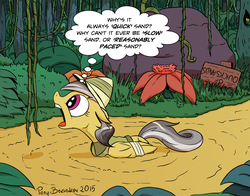 Size: 1430x1123 | Tagged: safe, artist:pony-berserker, daring do, g4, danger, dialogue, flower, i can't believe it's not idw, jungle, peril, pun, quicksand, sign, thought bubble, trapped, tree, vine