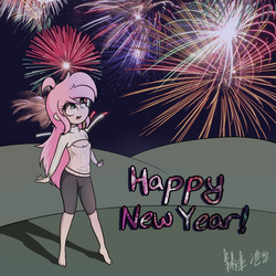 Size: 1280x1280 | Tagged: safe, artist:lightningnickel, oc, oc only, oc:cotton candy, human, boob window, clothes, fireworks, humanized, humanized oc, keyhole turtleneck, new year, open-chest sweater, solo, sweater, turtleneck