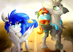 Size: 2800x2000 | Tagged: safe, artist:nekosnicker, oc, oc only, oc:ralek, oc:sapphire sights, oc:swift note, griffon, pegasus, pony, fallout equestria, belt, bucktooth, diaries of a sniperpony, freckles, high res, paws, piercing, ponies riding ponies, riding, sunset, talons, wasteland