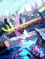 Size: 1000x1307 | Tagged: safe, artist:foresart, angel bunny, fluttershy, pegasus, pony, rabbit, g4, animal, duo, floating island, log, mountain range, rear view, river, scenery, sky