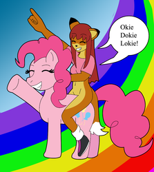 Size: 910x1020 | Tagged: safe, artist:gameboysage, pinkie pie, oc, oc:crystal, anthro, g4, anthro oc, anthros riding ponies, dialogue, non-mlp oc, okie doki loki, rainbow, riding