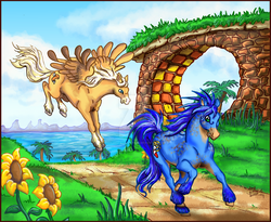 Size: 1280x1050 | Tagged: safe, artist:chakotaydgryphon, duo, flower, grass, green hill zone, hoers, male, miles "tails" prower, platformer, ponified, realistic, sonic the hedgehog, sonic the hedgehog (series), unshorn fetlocks, water