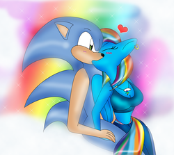 Size: 1699x1517 | Tagged: safe, artist:odiz, rainbow dash, anthro, g4, crossover, crossover shipping, female, heart, interspecies, kissing, male, shipping, sonic the hedgehog, sonic the hedgehog (series), sonicdash, straight