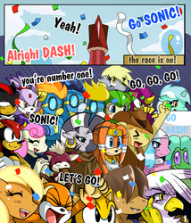 Size: 1100x1285 | Tagged: safe, artist:ss2sonic, aloe, bon bon, braeburn, derpy hooves, gilda, gummy, hoops, lyra heartstrings, soarin', spitfire, surprise (g4), sweetie drops, zecora, griffon, pony, zebra, anthro, g4, anthro with ponies, blaze the cat, chip, comic, cosmo the seedrian, crossover, male, marine the raccoon, mighty the armadillo, ray the flying squirrel, sega, shadow the hedgehog, sonic the hedgehog, sonic the hedgehog (series), tikal