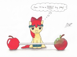 Size: 5000x3744 | Tagged: safe, artist:moonlightscribe, apple bloom, g4, apple, dialogue, female, headband, lifting, newbie artist training grounds, solo, traditional art, weights