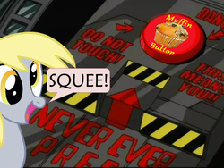 Size: 640x480 | Tagged: safe, derpy hooves, pegasus, pony, g4, big red button, crossover, female, mare, megas xlr, muffin, muffin button, open mouth, smiling, squee, team four star, xk-class end-of-the-world scenario