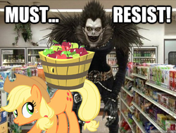 Size: 446x338 | Tagged: safe, applejack, earth pony, pony, g4, apple, barrel, crossover, death note, food, irl, photo, ponies in real life, ryuk, shinigami, supermarket