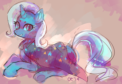 Size: 1280x888 | Tagged: safe, artist:cherivinca, trixie, pony, unicorn, g4, female, mare, prone, solo, trixie's cape