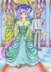 Size: 3475x4915 | Tagged: safe, artist:sinaherib, applejack, big macintosh, fluttershy, earth pony, anthro, g4, breasts, cleavage, clothes, dignified wear, dress, female, gala dress, male, ship:fluttermac, shipping, straight, traditional art, tuxedo