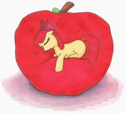 Size: 900x802 | Tagged: safe, artist:moonlightscribe, apple bloom, g4, apple, female, sleeping, solo, traditional art