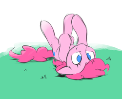 Size: 1222x991 | Tagged: dead source, safe, artist:yeendip, pinkie pie, g4, cute, diapinkes, female, floppy ears, grass, horses doing horse things, legs in air, on back, rolling, smiling, solo, upside down