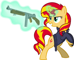 Size: 4431x3617 | Tagged: safe, artist:outlawedtofu, sunset shimmer, pony, unicorn, fallout equestria, g4, clothes, fallout, female, gun, jacket, levitation, magic, simple background, solo, tommy gun, transparent background, vector