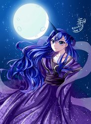 Size: 898x1219 | Tagged: safe, artist:leab-lb, princess luna, human, g4, clothes, dress, earring, female, horn, horned humanization, humanized, looking at you, moon, night, piercing, pixiv, smiling, solo