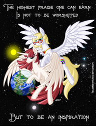 Size: 720x937 | Tagged: safe, artist:texasuberalles, oc, oc only, oc:bonniecorn, oc:fausticorn, pony, all-mother of creation, bonnie zacherle, creation, earth, faust worship, giant pony, goddess, lauren faust, macro, moon, pony bigger than a planet, stars, sun, tangible heavenly object