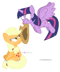 Size: 750x900 | Tagged: safe, artist:dm29, applejack, twilight sparkle, alicorn, pony, g4, applejack's hat, duo, female, flying, hat, mare, mouth hold, simple background, this will end in pain, transparent background, twilight sparkle (alicorn), unamused
