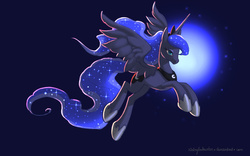 Size: 900x560 | Tagged: dead source, safe, artist:risinglouloustar, princess luna, g4, female, flying, solo