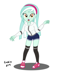Size: 1515x1824 | Tagged: safe, artist:sumin6301, lyra heartstrings, equestria girls, g4, alternate hairstyle, background human, clothes, female, hairband, hot pants, jacket, shoes, shorts, solo, stockings