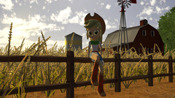 Size: 1024x576 | Tagged: safe, artist:vinuldash, applejack, human, equestria girls, g4, 3d, barn, boots, clothes, cottagecore, cowboy boots, cowboy hat, cowgirl, denim skirt, farm, female, fence, hat, looking at you, shoes, sitting, skirt, smiling, solo, source filmmaker, stetson, windmill