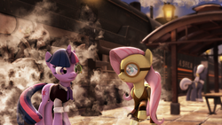 Size: 1920x1080 | Tagged: safe, artist:mentore067, fluttershy, hoity toity, twilight sparkle, g4, 3d, clothes, goggles, monocle, source filmmaker, steampunk, train