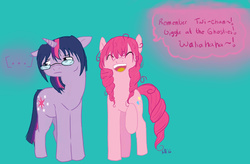 Size: 2333x1529 | Tagged: safe, artist:kittykat-meow, pinkie pie, twilight sparkle, g4, deaf, glasses, katawa shoujo, misha, mute, shizune hakamichi, wahaha