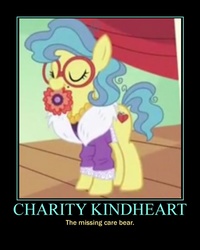 Size: 600x750 | Tagged: safe, edit, edited screencap, screencap, charity kindheart, pony, g4, made in manehattan, care bears, demotivational poster, meme, motivational poster, mouth hold, solo