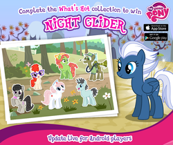 Size: 940x788 | Tagged: safe, gameloft, max raid, neon lights, night glider, nurse redheart, octavia melody, rising star, tree hugger, twist, earth pony, pegasus, pony, unicorn, g4, official, female, filly, male, mare, my little pony logo, pest control pony, show accurate, stallion