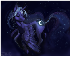 Size: 915x735 | Tagged: safe, artist:jemanite, princess luna, g4, eyes closed, female, flying, simple background, solo