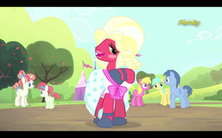 Size: 1280x800 | Tagged: safe, screencap, big macintosh, blues, cherry berry, noteworthy, rainberry, rainbow stars, sunshower raindrops, earth pony, pony, brotherhooves social, g4, adventure in the comments, bloomers, butt, clothes, costume, crossdressing, male, not sure if want, orchard blossom, plot, stallion, wat
