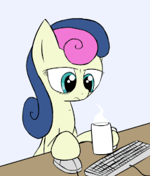 Size: 500x585 | Tagged: safe, artist:frostyeggnog, bon bon, sweetie drops, g4, animated, blinking, bon bon is not amused, coffee, computer mouse, drinking, female, i dont do mornings, keyboard, simple background, solo, white background