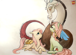 Size: 960x689 | Tagged: safe, artist:norang94, discord, fluttershy, tree hugger, g4, simple background