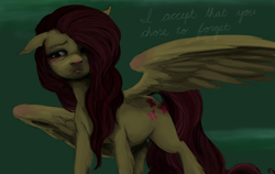 Size: 1120x710 | Tagged: safe, artist:colorlesscupcake, fluttershy, g4, female, floppy ears, hair over one eye, sad, solo, spread wings