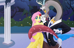 Size: 2564x1664 | Tagged: safe, artist:morgwaine, discord, fluttershy, fanfic:bride of discord, g4, clothes, dress, fanfic, female, male, scenery, ship:discoshy, shipping, straight, tuxedo