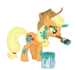 Size: 745x681 | Tagged: safe, artist:pinkiejay, applejack, g4, made in manehattan, applejack's damaged hat, bucket, female, paint, paint in hair, paint on fur, paintbrush, simple background, solo, transparent background, vector
