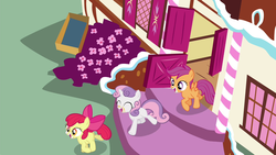 Size: 1280x720 | Tagged: safe, screencap, apple bloom, scootaloo, sweetie belle, g4, my little pony: friendship is magic, testing testing 1-2-3, crumbs, cute, cutie mark crusaders, messy, sugarcube corner