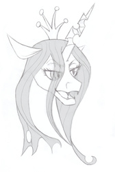 Size: 2120x3162 | Tagged: source needed, safe, artist:nomdecheval, queen chrysalis, changeling, changeling queen, g4, bust, female, grayscale, high res, monochrome, solo