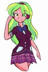 Size: 538x800 | Tagged: safe, artist:jovalic, lemon zest, equestria girls, g4, my little pony equestria girls: friendship games, bowtie, clothes, cute, female, headphones, looking at you, school uniform, simple background, skirt, smiling, solo, white background, zestabetes