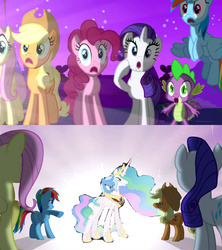 Size: 1400x1575 | Tagged: safe, artist:theunknowenone1, princess celestia, trixie, pony, unicorn, g4, 1000 years in photoshop, alicorn amulet, alicorn flash, apocalypse, comic, conjoined, exploitable meme, female, fusion, mare, meme, two heads, wat, xk-class end-of-the-world scenario